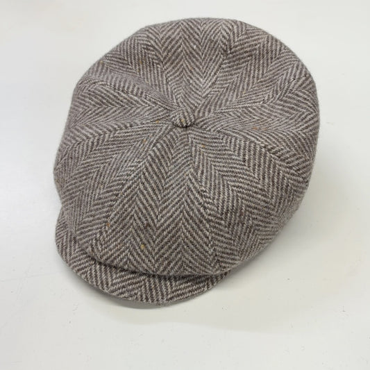 Alfonso D'Este herringbone Kyoto newsboy cap 54147, angled view showing paneled crown and covered button