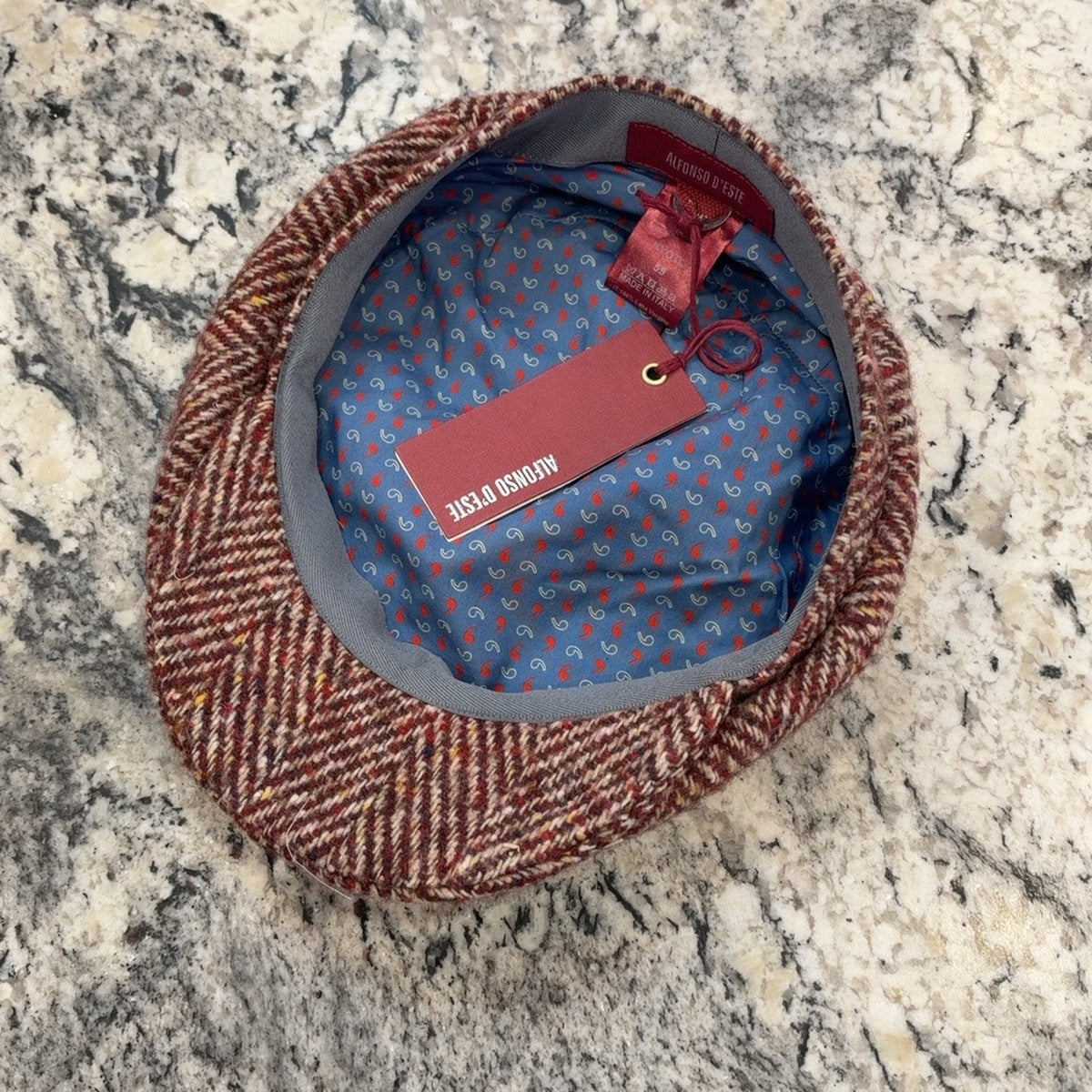 Alfonso d’Este Kyoto burgundy herringbone virgin wool newsboy cap 54804, blue patterned lining