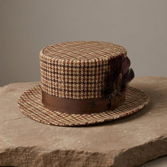 Alfonso d’Este Cilindro cotton check top hat with brown ribbon and feather 54968