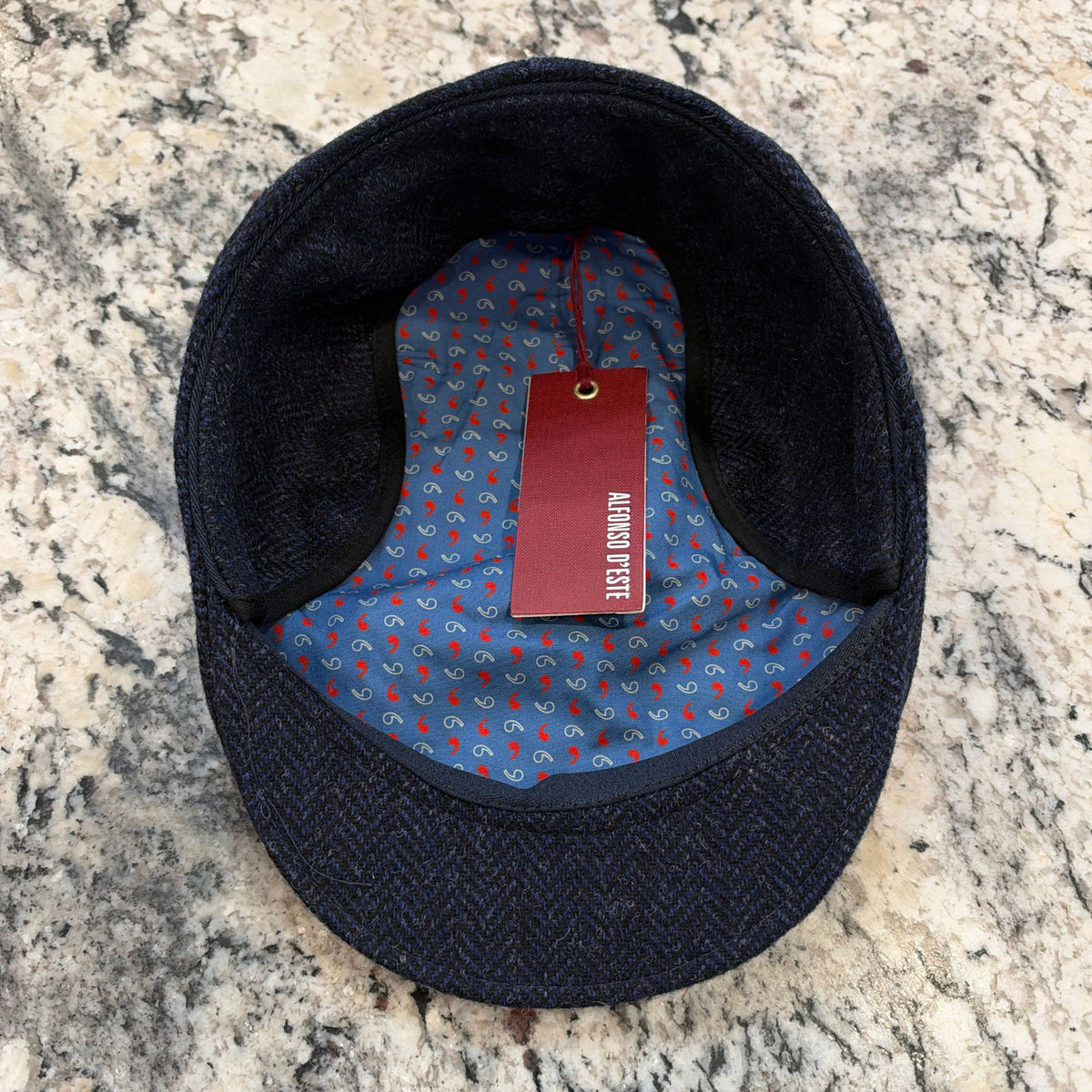 Alfonso D'Este Blue Herringbone Tirreno Flat Cap with earflaps 55151