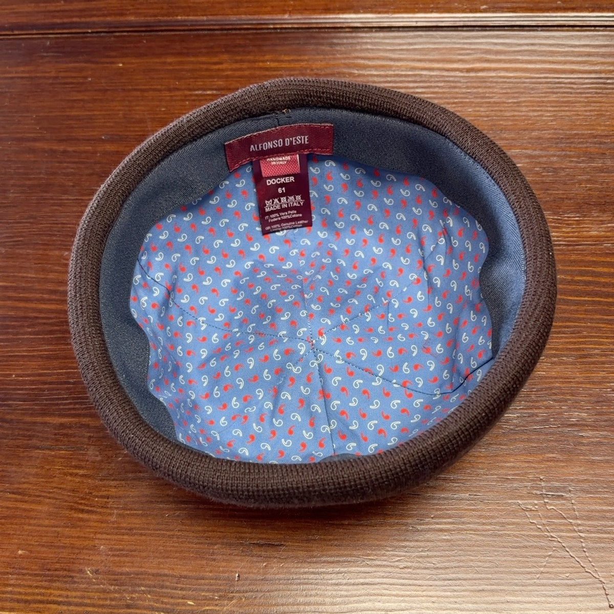 Alfonso D'Este cognac leather Docker cap with brown cotton band 56573, cotton lining