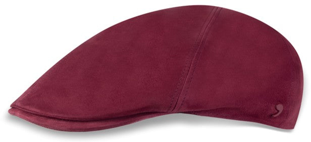 Dark red Alfonso D'Este leather flat cap with clean panel seams and a short curved bill