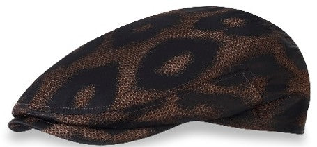 Brown Alfonso D'Este flat cap with an abstract dark camo pattern, low crown and short bill