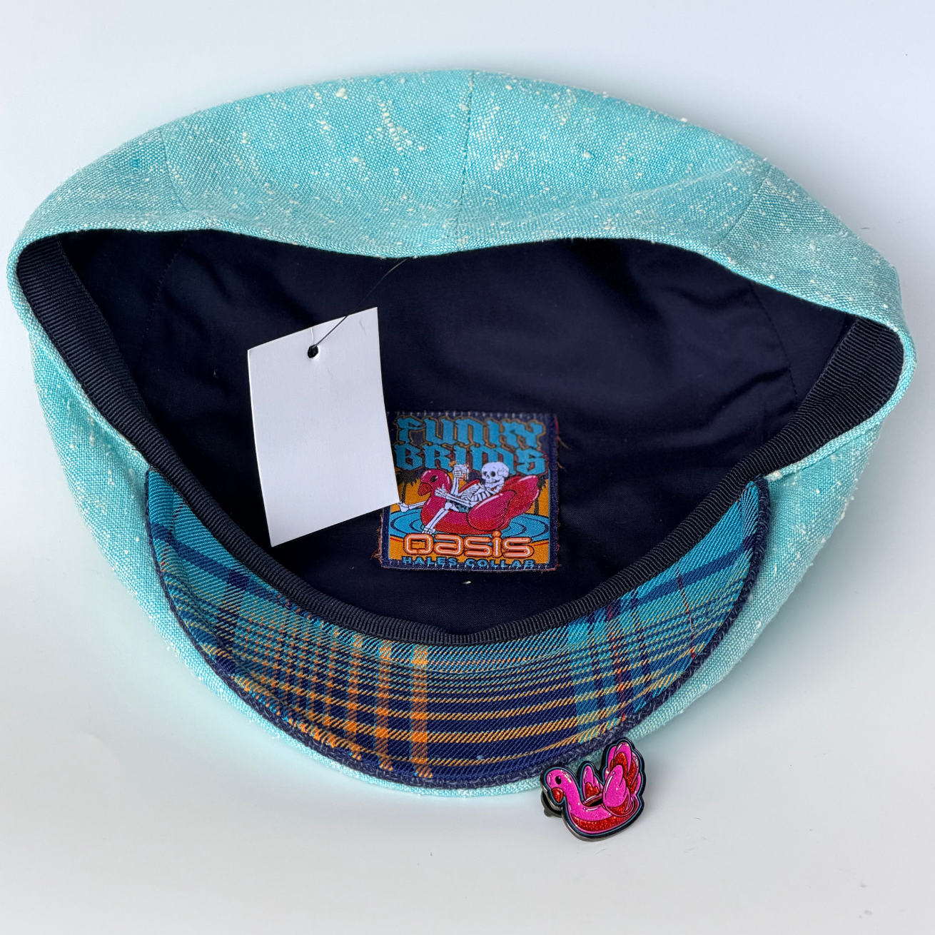 Oasis Mint Green Linen Flat Cap -  Hales Speed Shop X FunkyBrims Collab (with pin)