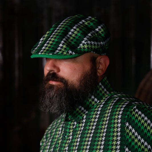 Green Cheyenne Houndstooth Shaka Flat Cap - Hales Speed Shop X FunkyBrims Collab (with Pin)