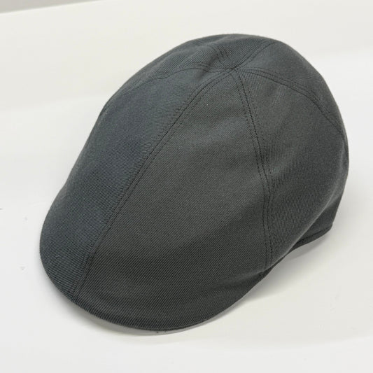 A dark gray fabric flat cap with stitched panel seams, photographed on a plain white background.