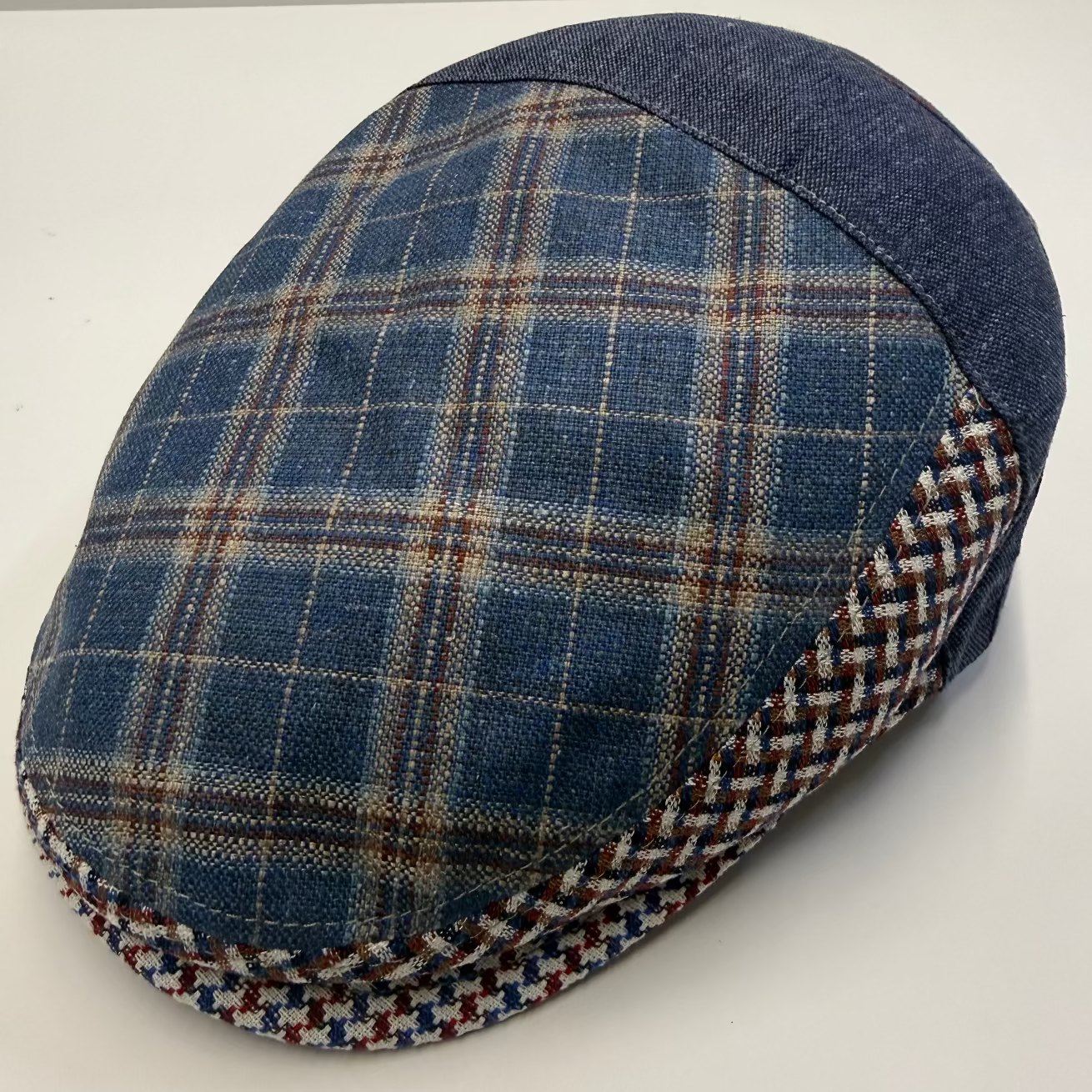 Breakwater Silk and LInen Patchwork Flat cap by Capas at FunkyBrims.