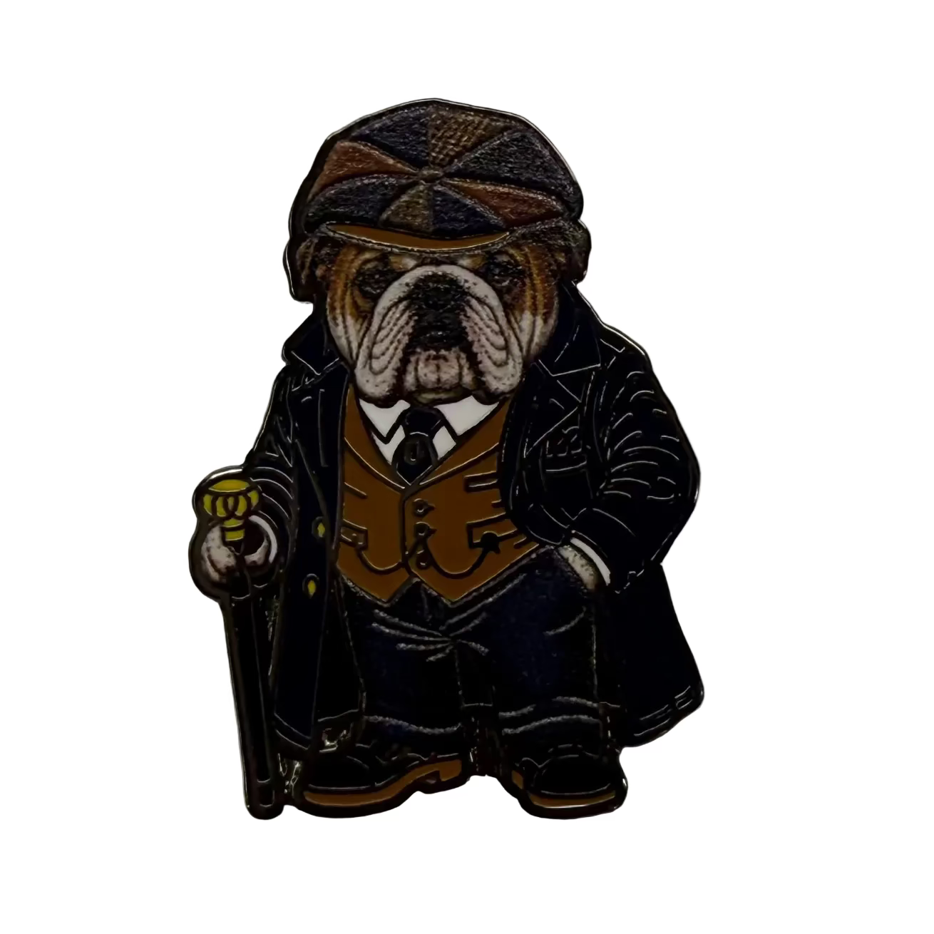 A small enamel pin shaped like a bulldog dressed in vintage clothing, wearing a flat cap, dark coat, brown vest, and holding a cane, photographed on a plain off-white background.