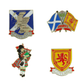 Four Scottish-themed pins featuring different designs on a white background