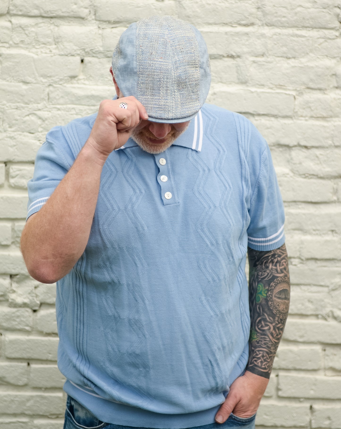 The "Beacon" Sky Blue Split Panel Flat Cap by Hologramme Paris at FunkyBrims