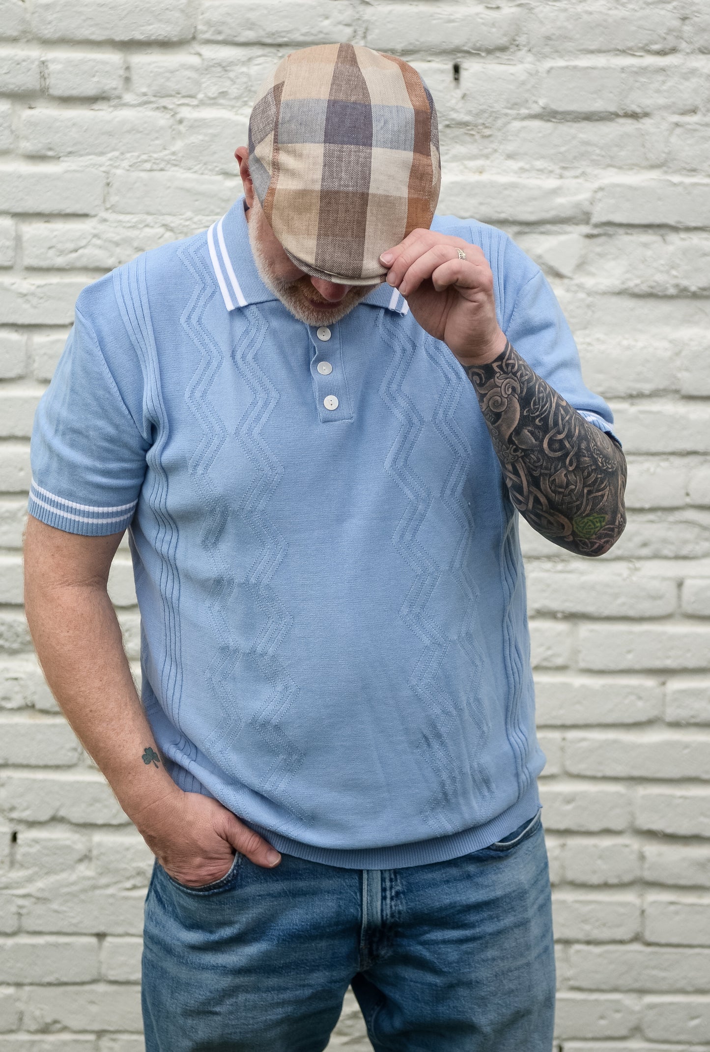 The Sand Herringbone Plaid Linen Flat Cap by Hologramme Paris at FunkyBrims
