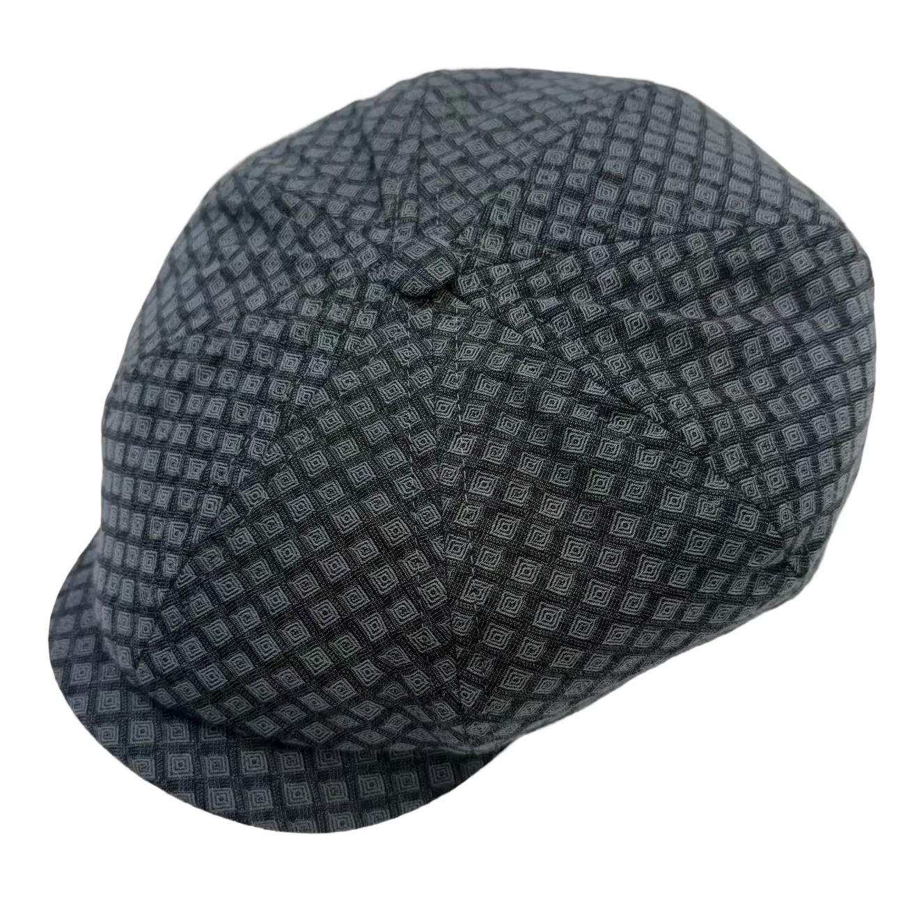 A dark gray and black patterned newsboy cap with a small geometric checkered design, photographed on a plain white background.