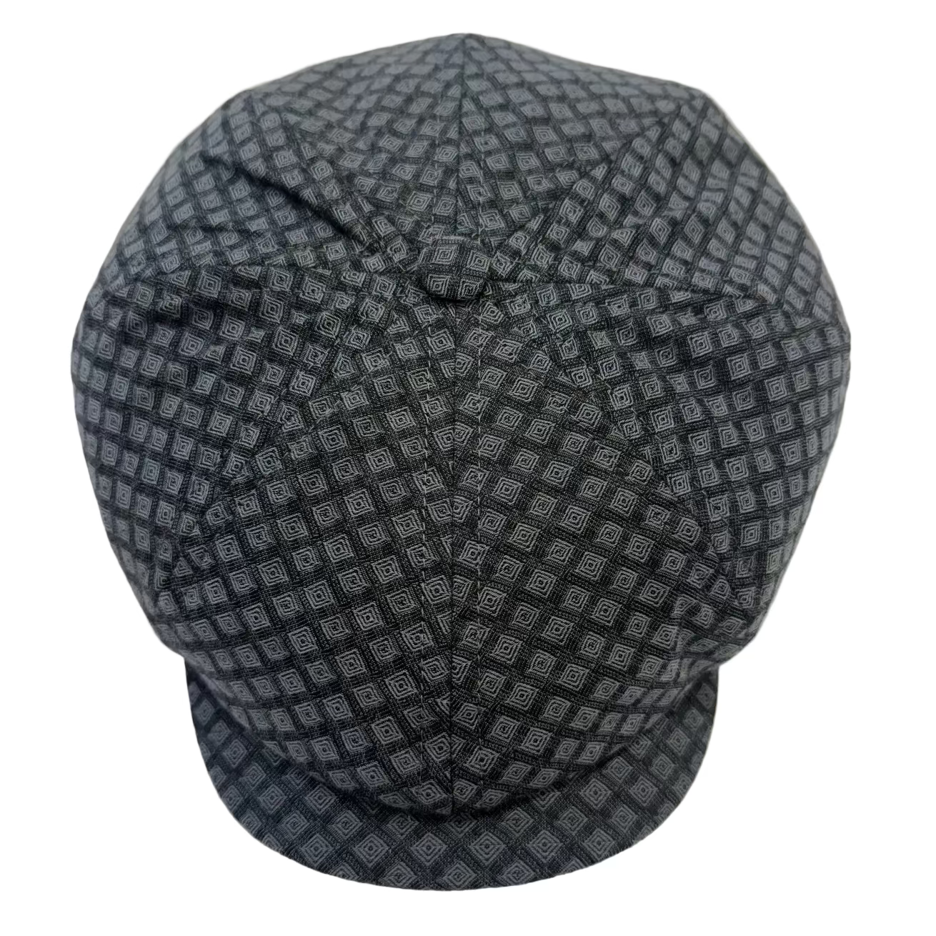 A dark gray and black patterned newsboy cap with a flat visor, photographed from a top-down angle on a white background.