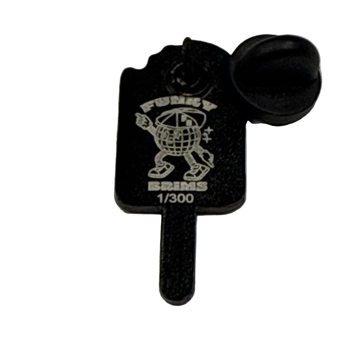 A black back to the enamel pin with FunkyBrims Logo and limited edition numbering.