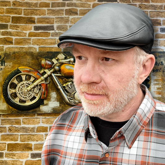 Bike Night Real Black Leather Flat Cap -  Hales Speed Shop X FunkyBrims Collab (with Pin)