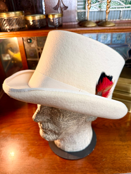 White Felt Top Hat with Feather