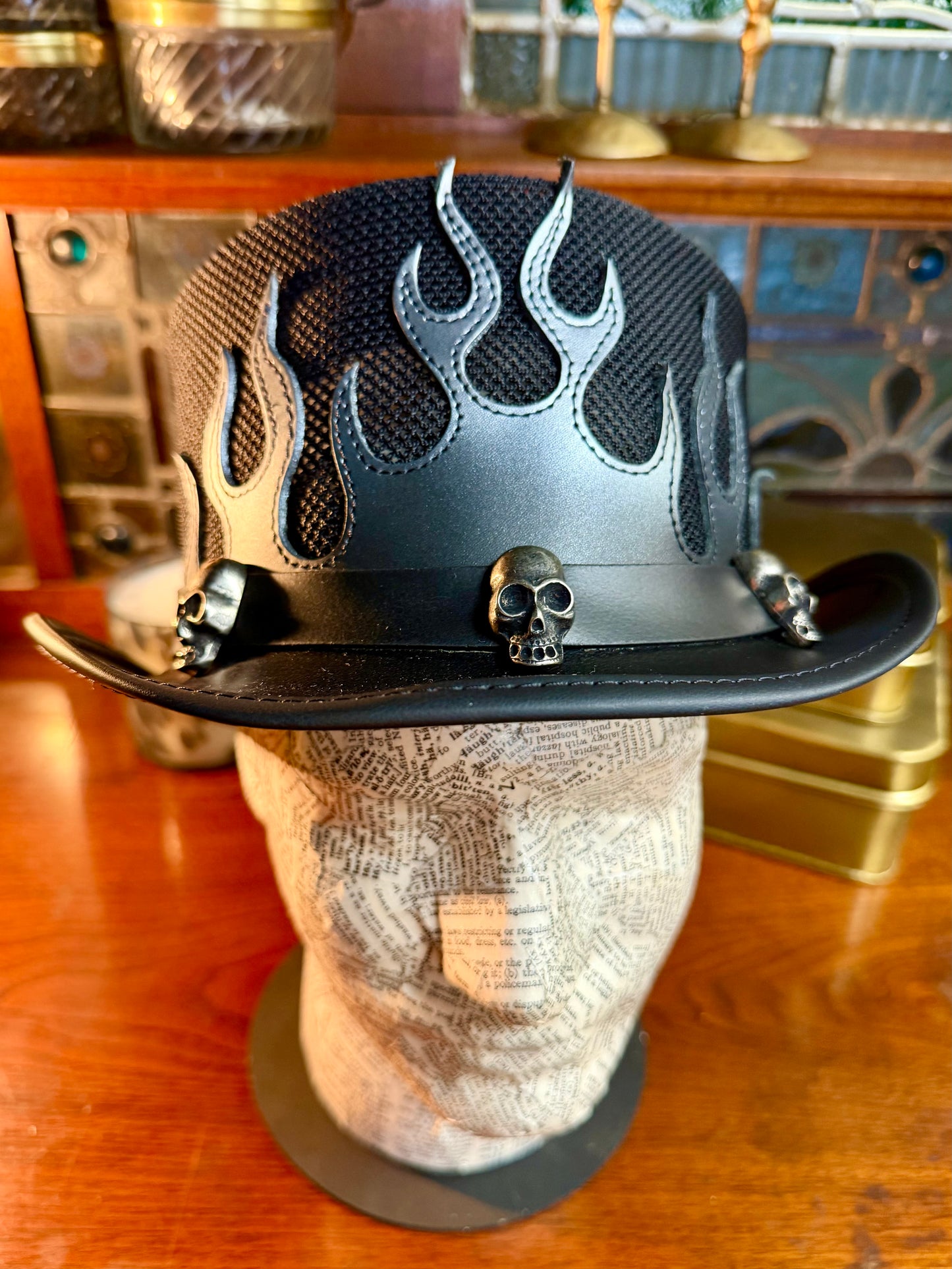 Flames Biker Leather Top Hat with Band