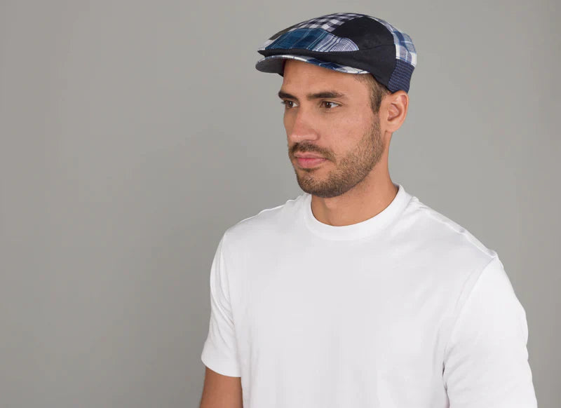 The Linen Vintage Patchwork Cap in Blue/Gray by Hanna Hats of Donegal