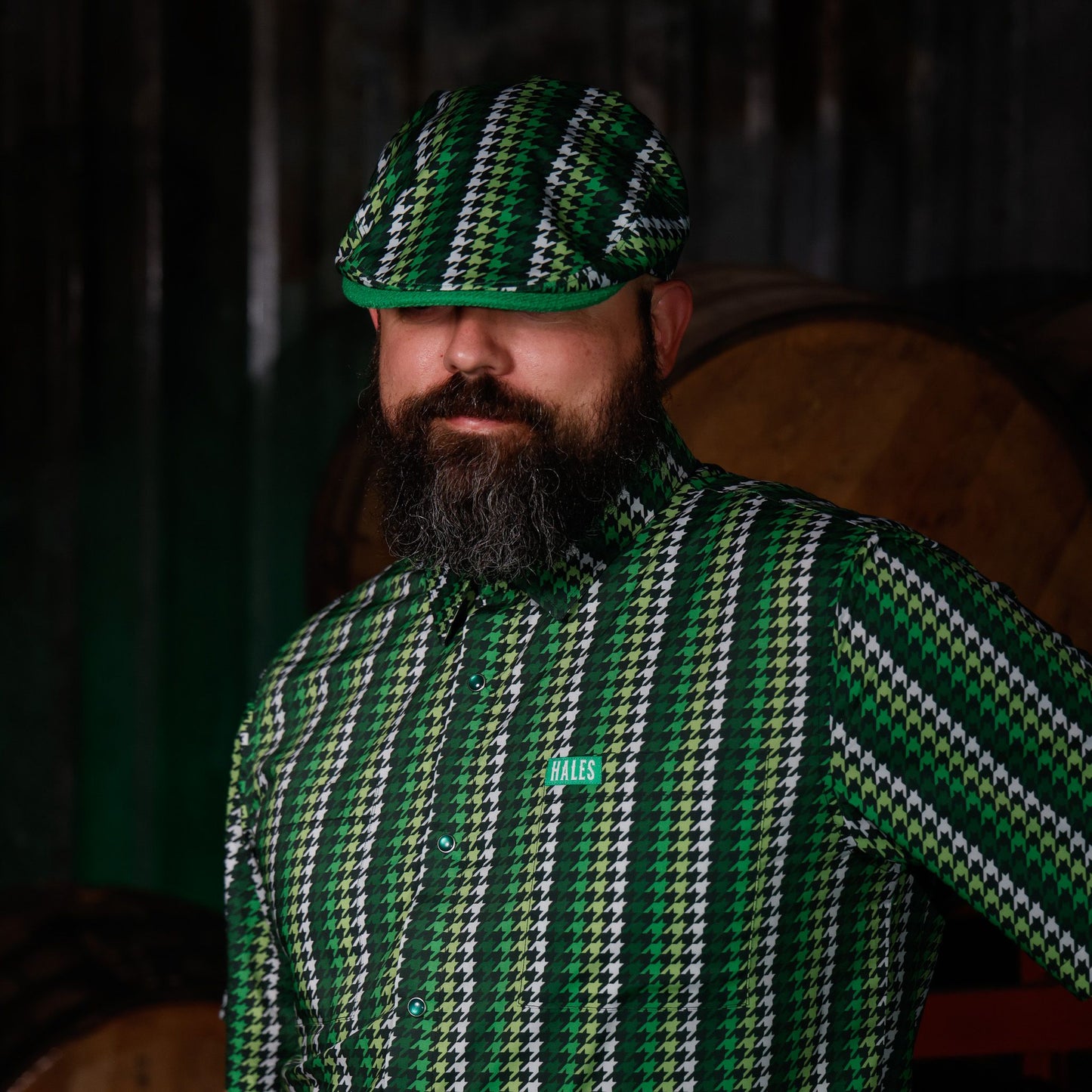 Green Cheyenne Houndstooth Shaka Flat Cap - Hales Speed Shop X FunkyBrims Collab (with Pin)