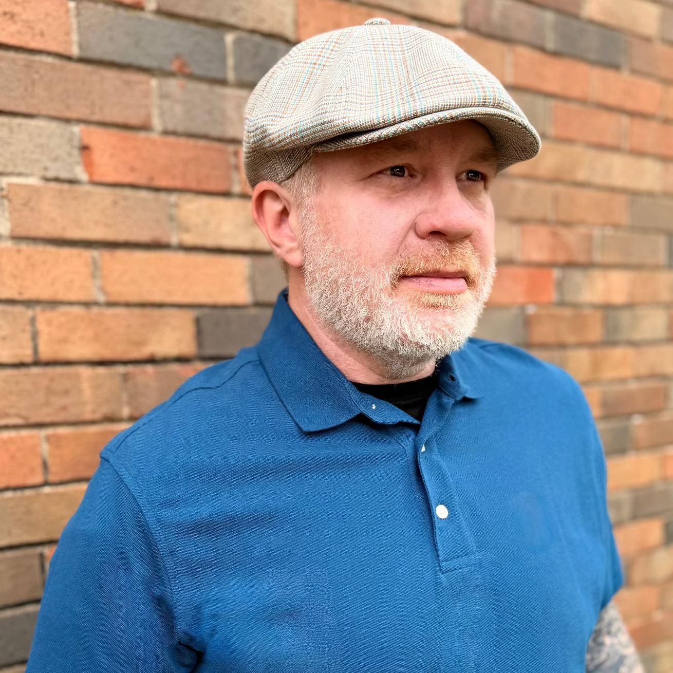 Brown, Tan, blue, and beige newsboy cap by FunkyBrims.