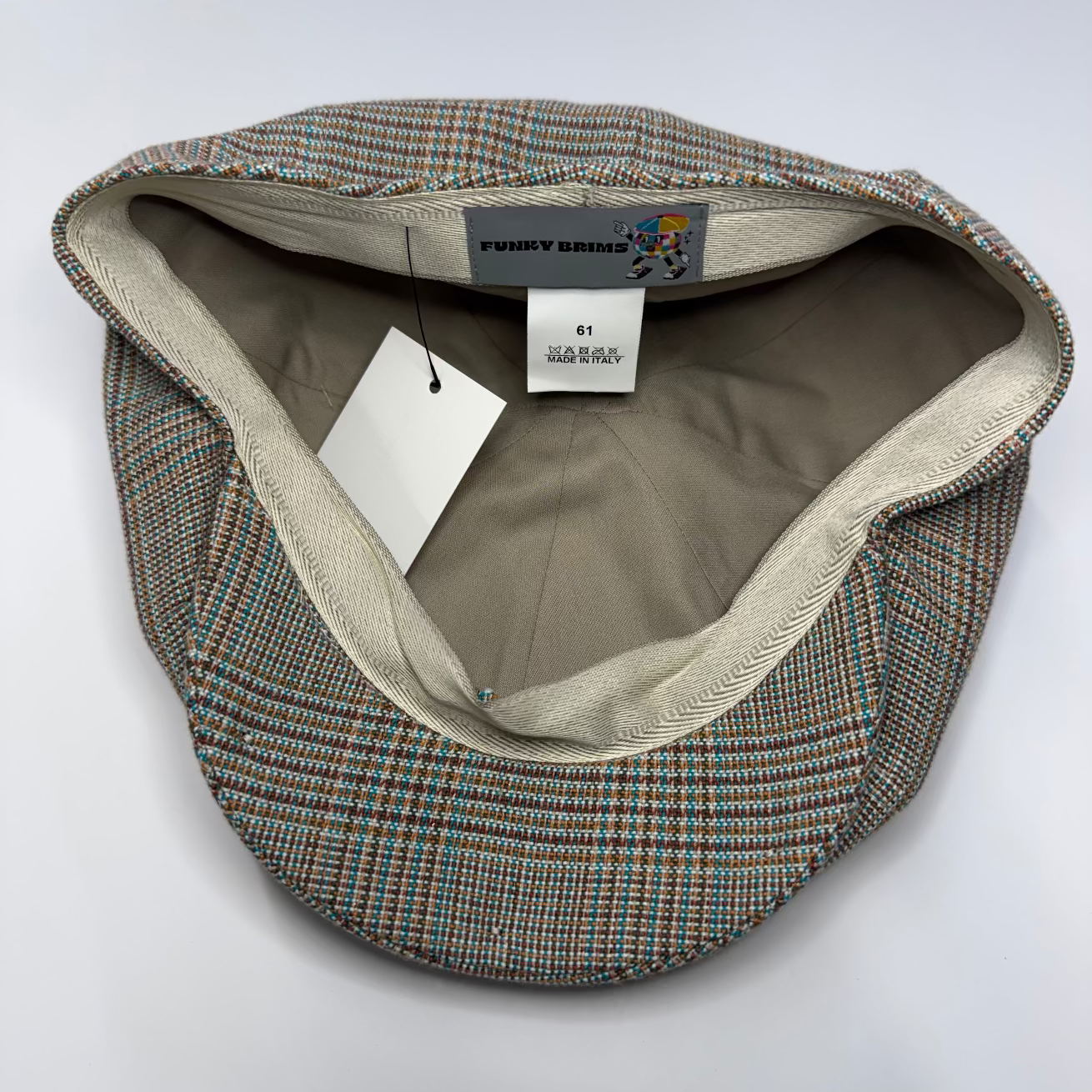 Brown, Tan, blue, and beige newsboy cap by FunkyBrims.