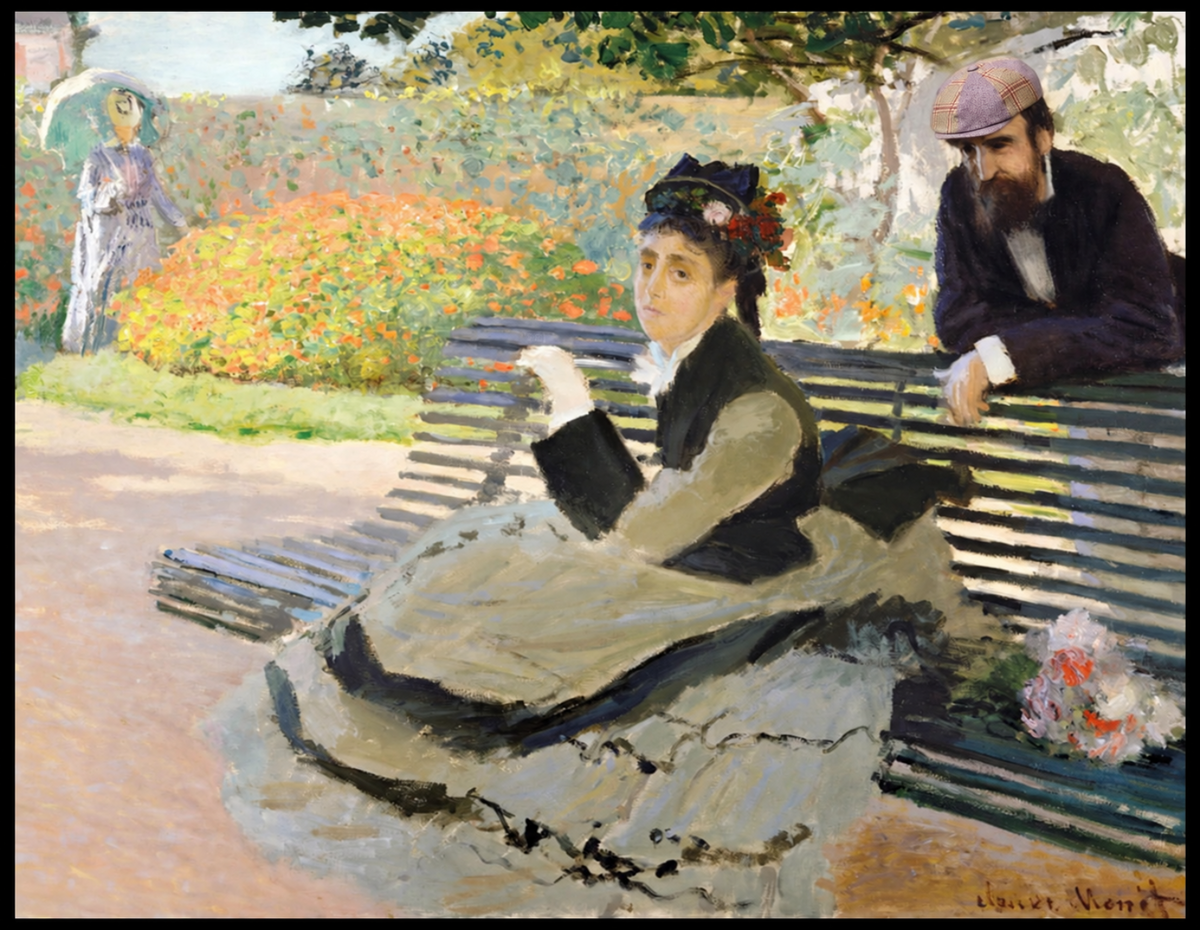 Impressionist oil painting depicting a woman seated on a bench in a park, with a man leaning on the bench behind her and flowers in the foreground.