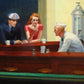 A painted diner scene showing a man in a blue suit and flat cap sitting at the counter, a woman in a red dress leaning forward, and a waiter in a white uniform behind the bar. Two large metal coffee dispensers are visible in the background.