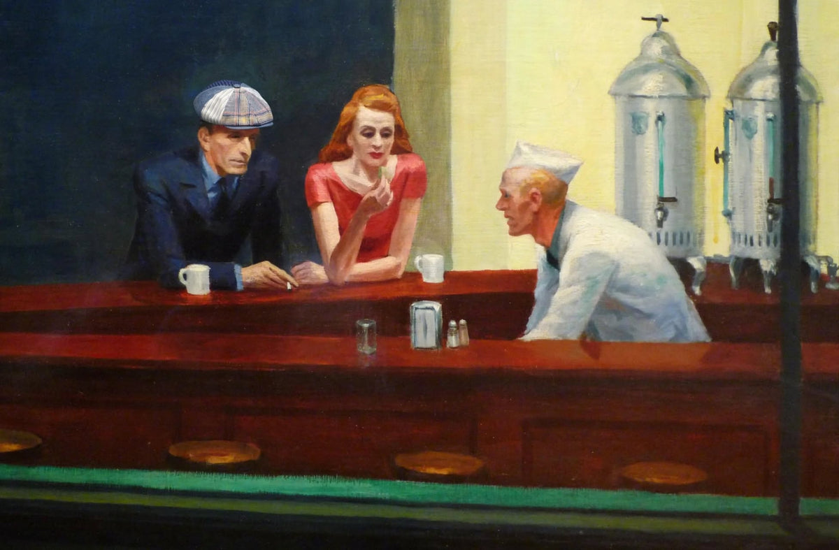 A painted diner scene showing a man in a blue suit and flat cap sitting at the counter, a woman in a red dress leaning forward, and a waiter in a white uniform behind the bar. Two large metal coffee dispensers are visible in the background.