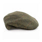 A classic flat cap in a green and brown herringbone tweed pattern with subtle red and yellow plaid lines, shown on a plain white background.