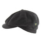 A black wool flat cap with a small green and gold embroidered logo patch on the side, shown against a plain white background.