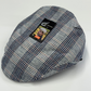 Plaid-patterned flat cap with a brand label on a white background
