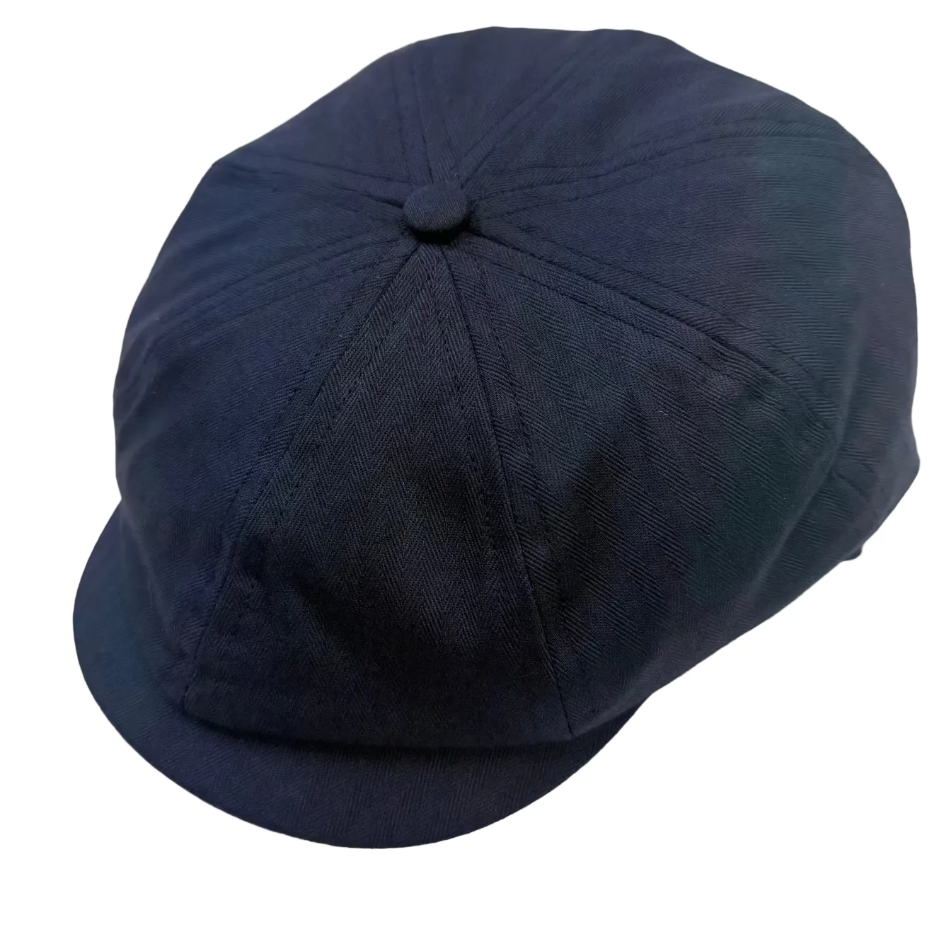 A dark navy blue newsboy cap with a button on top, photographed on a plain white background.
