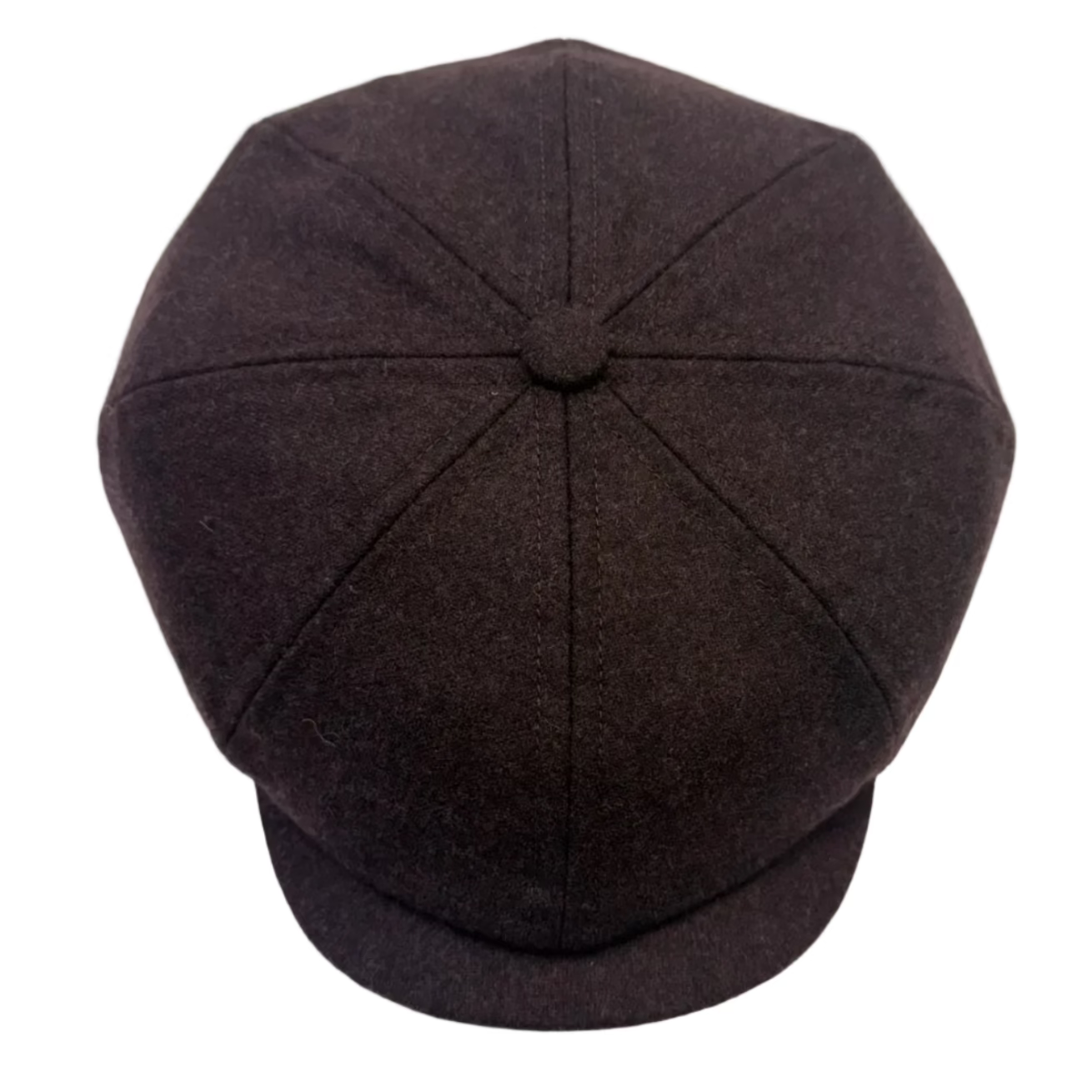 A dark brown wool flat cap with a buttoned top and short brim, photographed from a top-down angle on a white background.