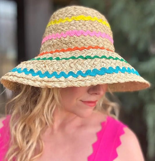 Raffia Bucket Hat with Colorful Ribbon Trim