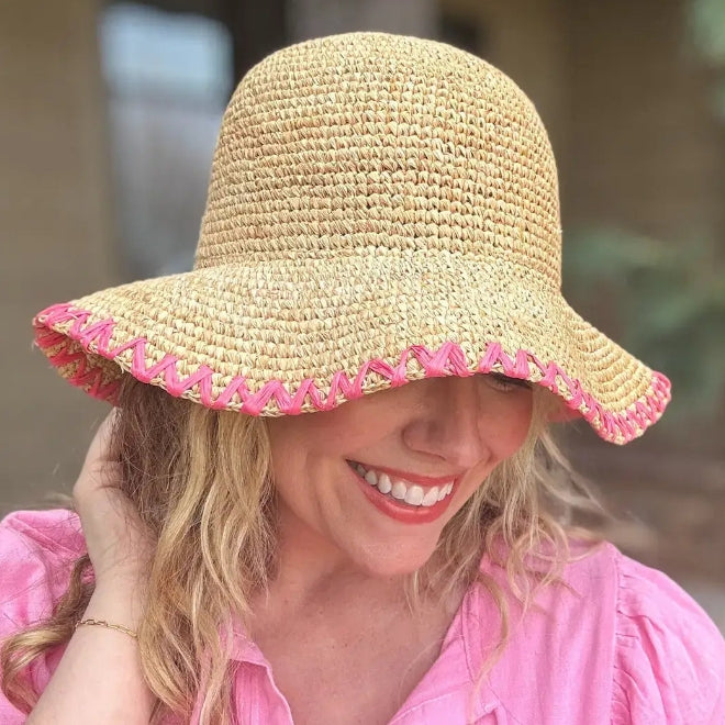 Floppy Bucket Hat - Pink Zigzag Trim