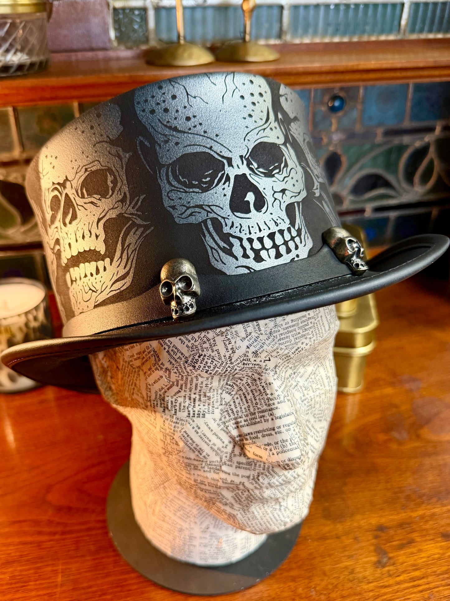 Silver Skull Leather Top Hat with Band