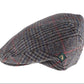 A classic flat cap in a gray and navy blue houndstooth pattern with thin red and yellow windowpane lines, featuring a small green Deerhead brand tag on the side.