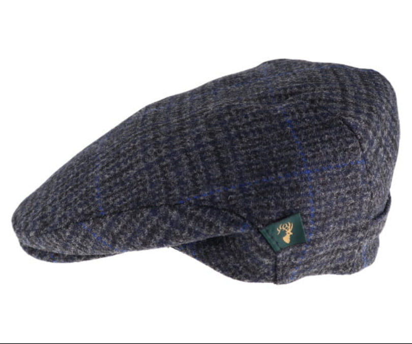 Navy blue checkered flat cap with a brand logo on a white background