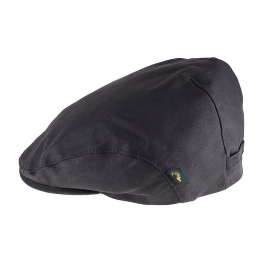 Mucros Weavers Trinity waxed cotton flat cap in black, side view