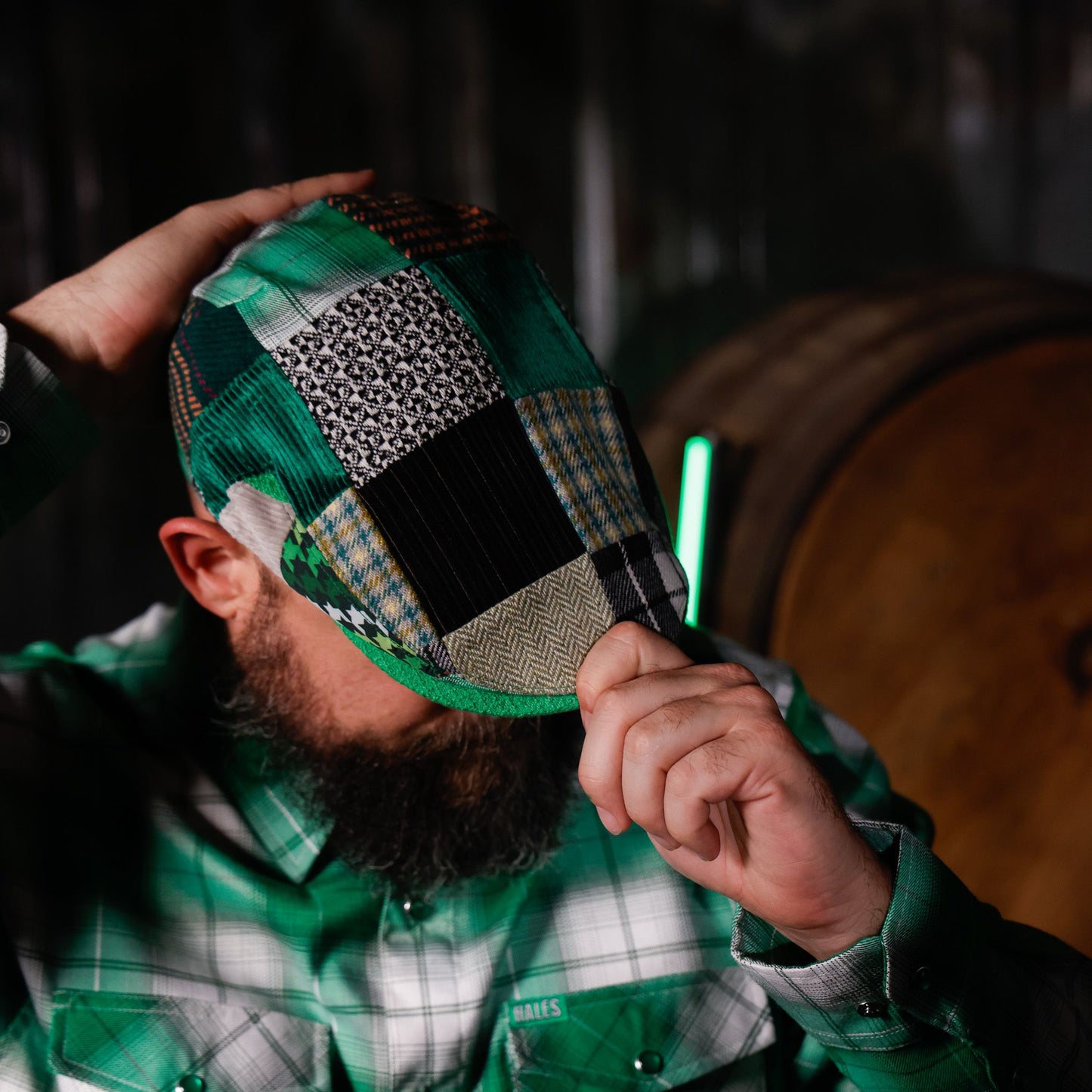 Feelin’ Lucky / Green Cheyenne Patchwork Flat Cap -  Hales Speed Shop X FunkyBrims Collab (with Pin)