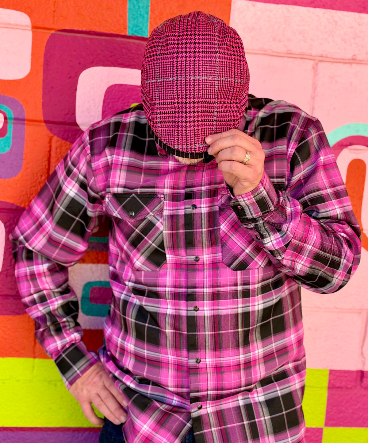 Warrior II Pink Houndstooth Flat Cap - Hales Speed Shop X FunkyBrims Collab (with Pin)