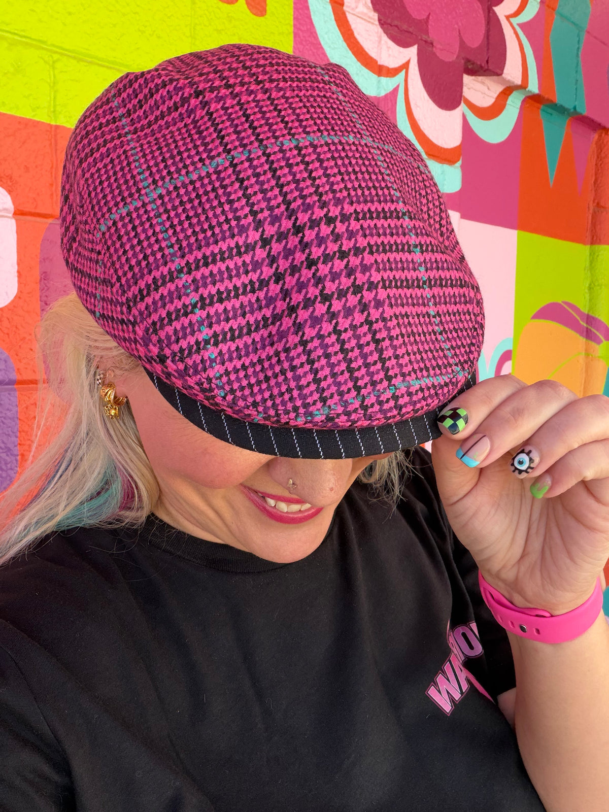 Warrior II Pink Houndstooth Flat Cap - Hales Speed Shop X FunkyBrims Collab (with Pin)