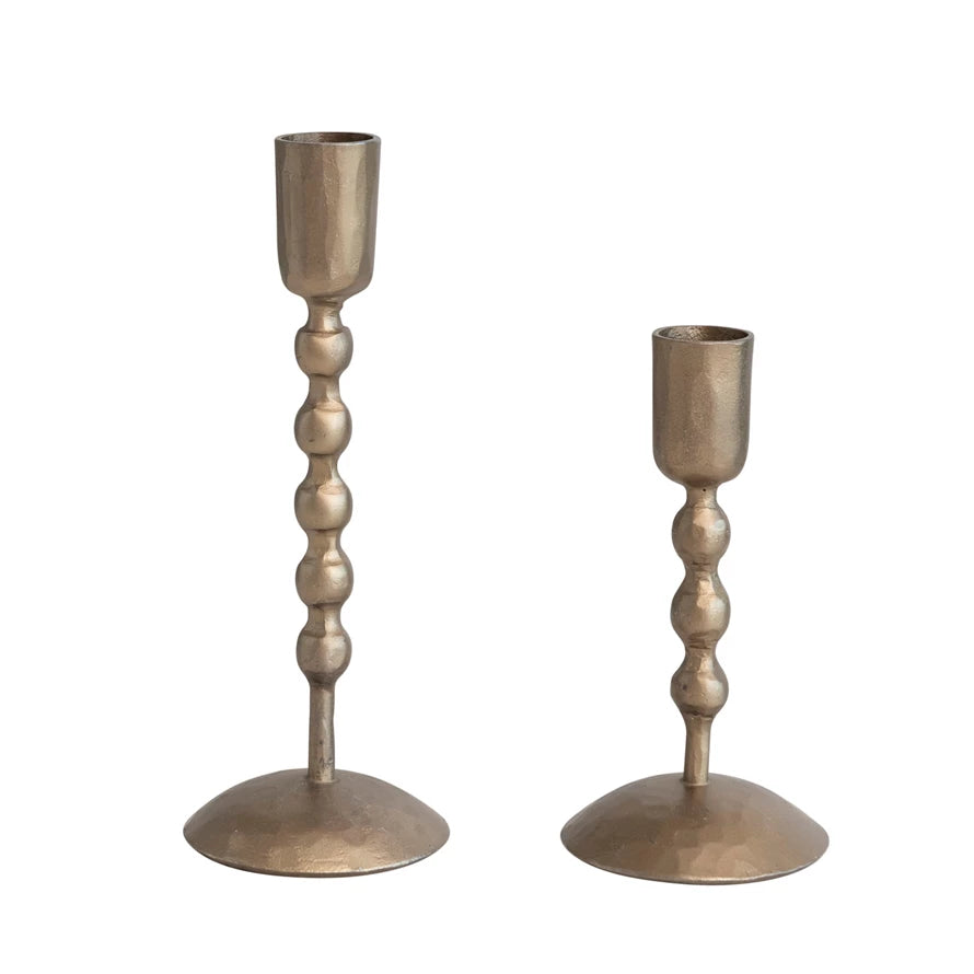 Hand-Forged Iron Taper Holders Antique Brass Finish, Set of 2