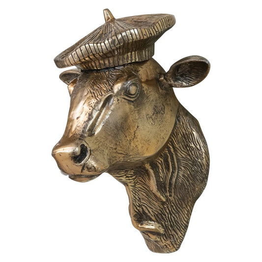 Cast Aluminum Cow Head with Beret Wall Décor