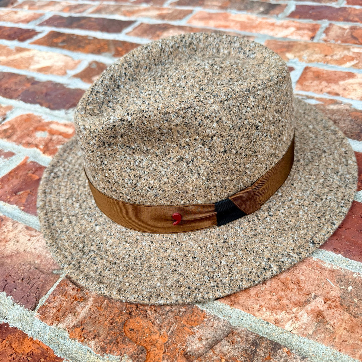 Three-quarter product view of the Masterpiece da Vinci Fedora by FunkyBrims, showing its shaped crown and ribbon band.