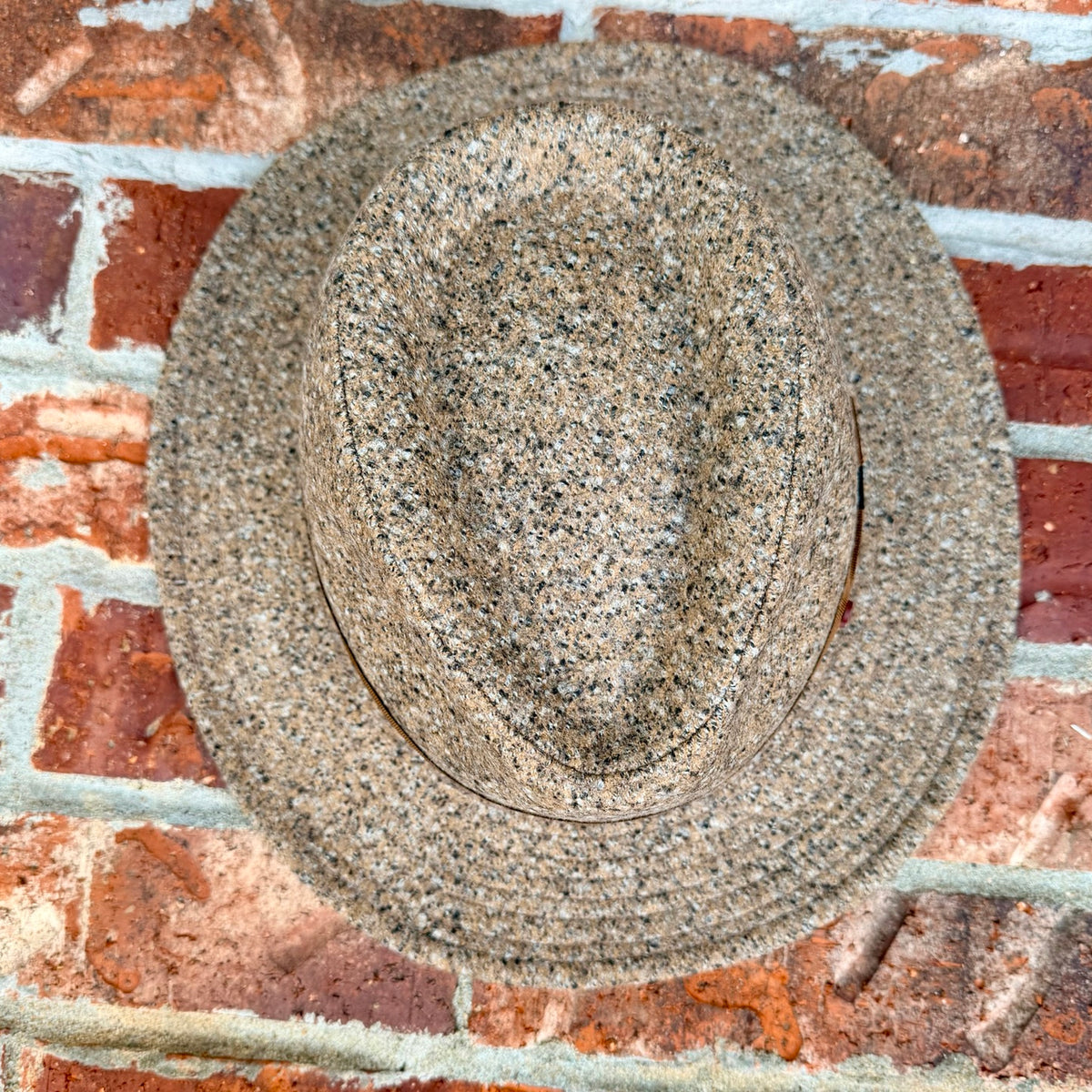 Top view of the Masterpiece da Vinci Fedora by FunkyBrims, showing its crown shape and flecked fabric.