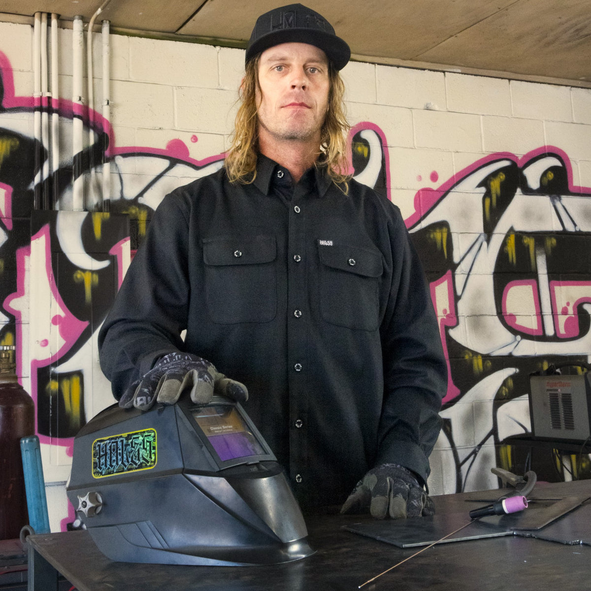 Hales Blue Collar long sleeve work shirt in black, front view