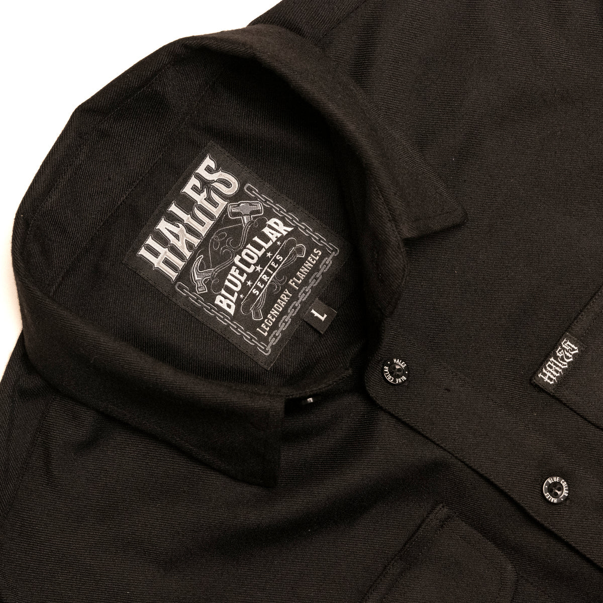 Black Blue Collar shirt collar, Hales label and button detail
