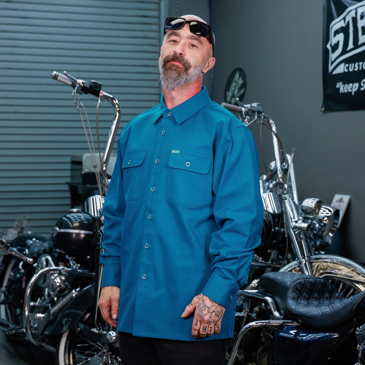 Hales Blue Collar long sleeve work shirt in Deep Teal, modeled front view