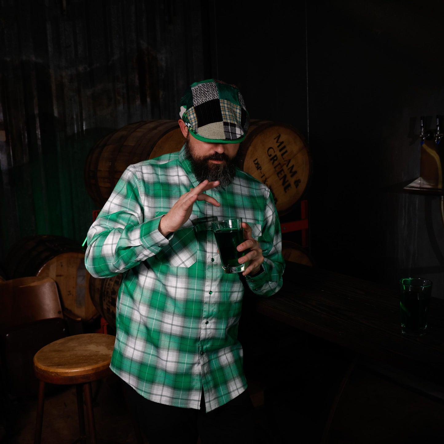 Feelin’ Lucky / Green Cheyenne Patchwork Flat Cap -  Hales Speed Shop X FunkyBrims Collab (with Pin)